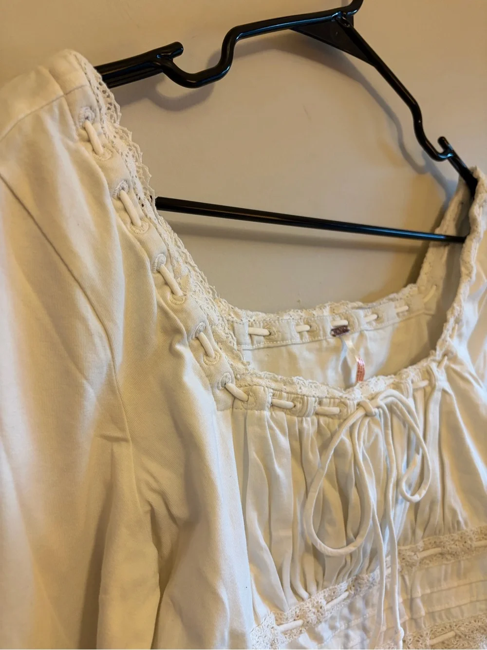 Free People Cream Lace-Trim Long Sleeve Peasant Top